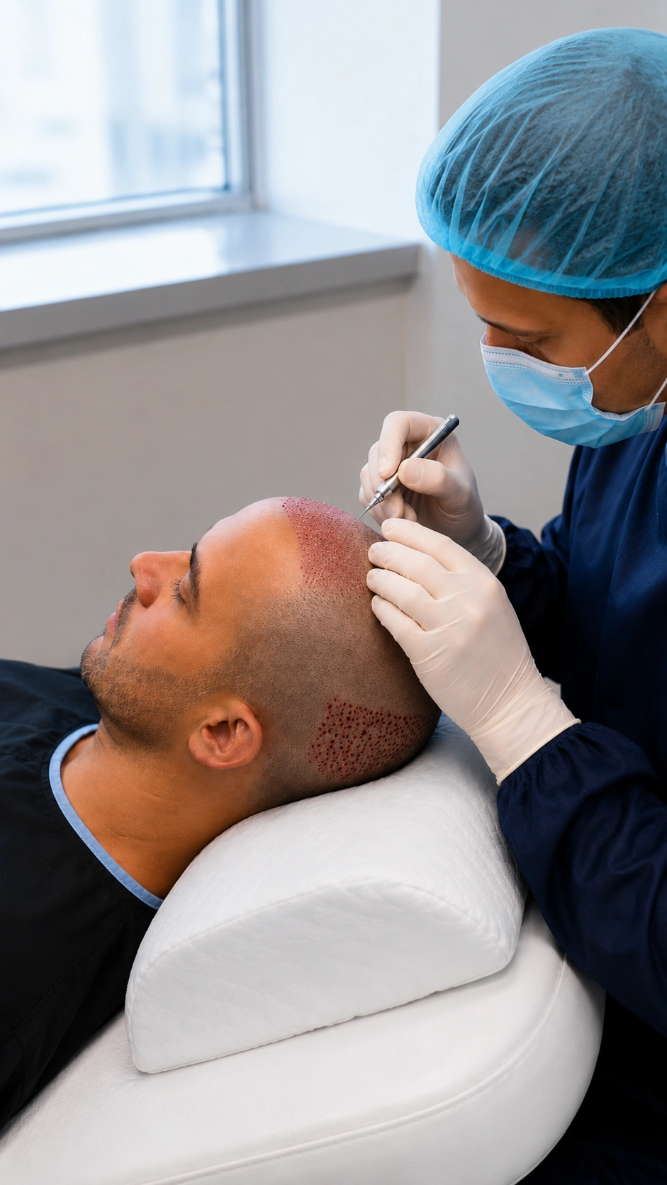 Follicular unit extraction during an FUE hair transplant at Laurian Clinic