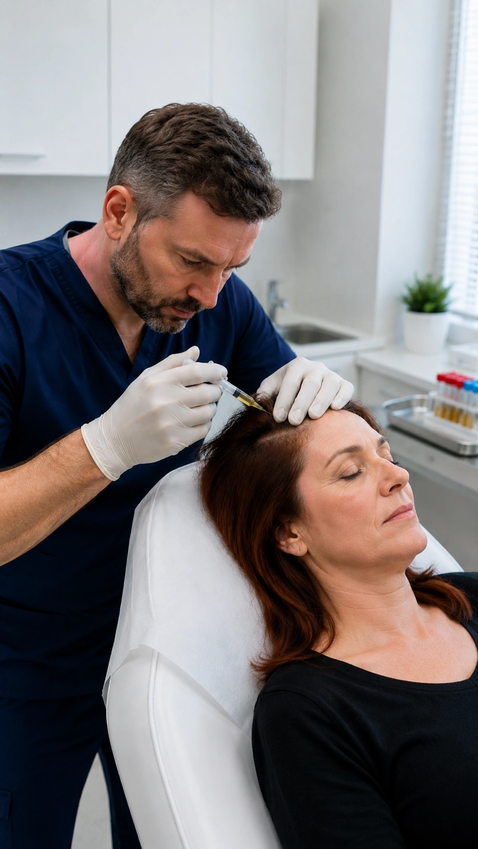 PRP hair therapy injection into the scalp at Laurian Clinic, with prepared platelet-rich plasma alongside
