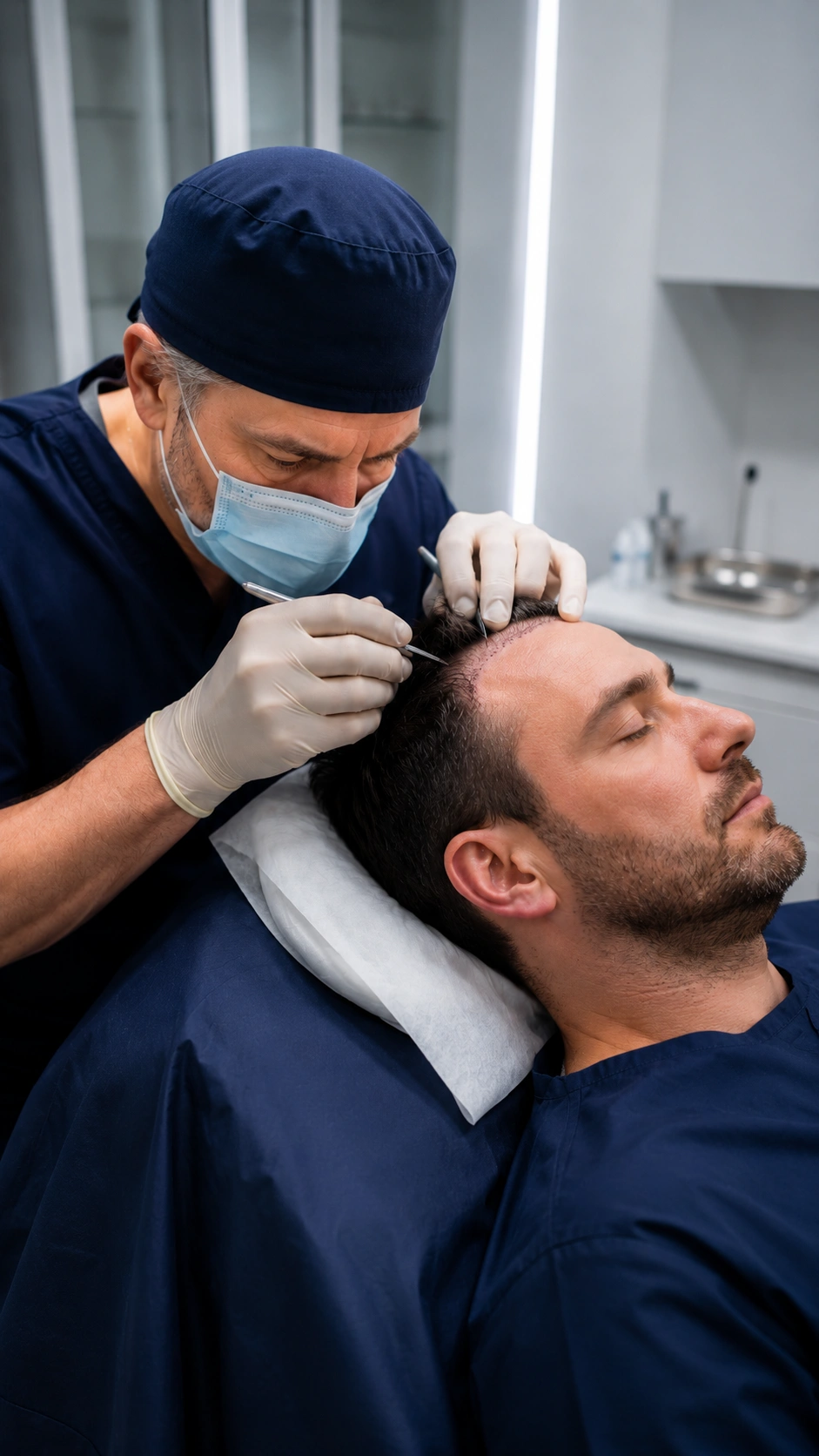 Unshaven FUE hair transplant performed without shaving the patient's hair at Laurian Clinic