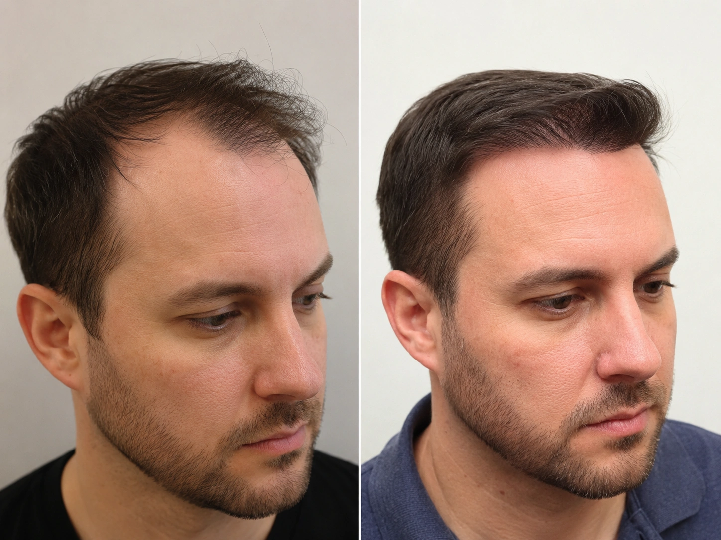 Before and after an FUE hair transplant at Laurian Clinic — hairline restoration