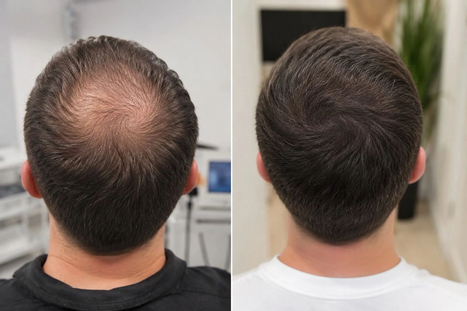 Before and after a hair transplant at Laurian Clinic — crown restoration