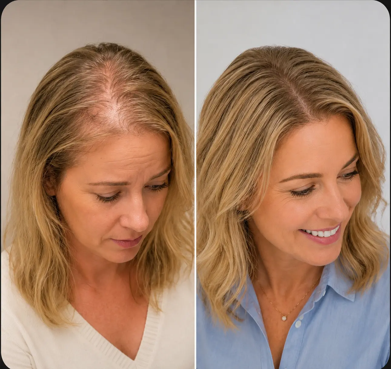 Before — widened parting and reduced density at the frontal scalp