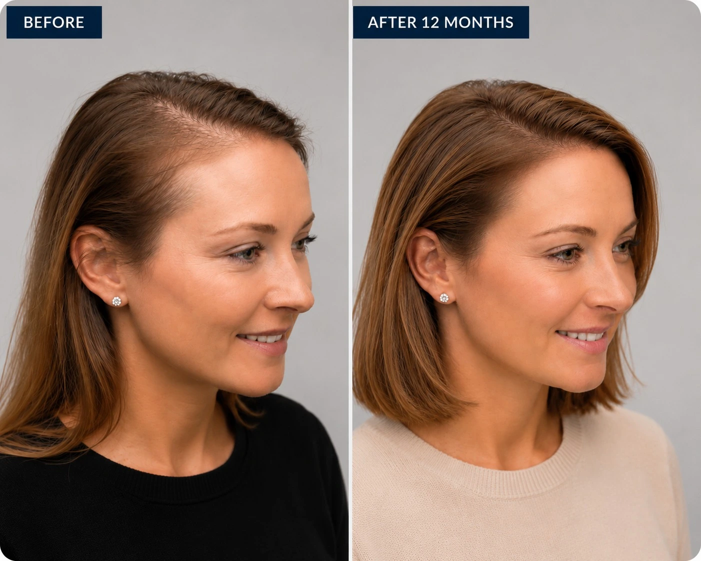 Before and after 12 months &mdash; increased density at the frontal hairline and parting following female hair restoration