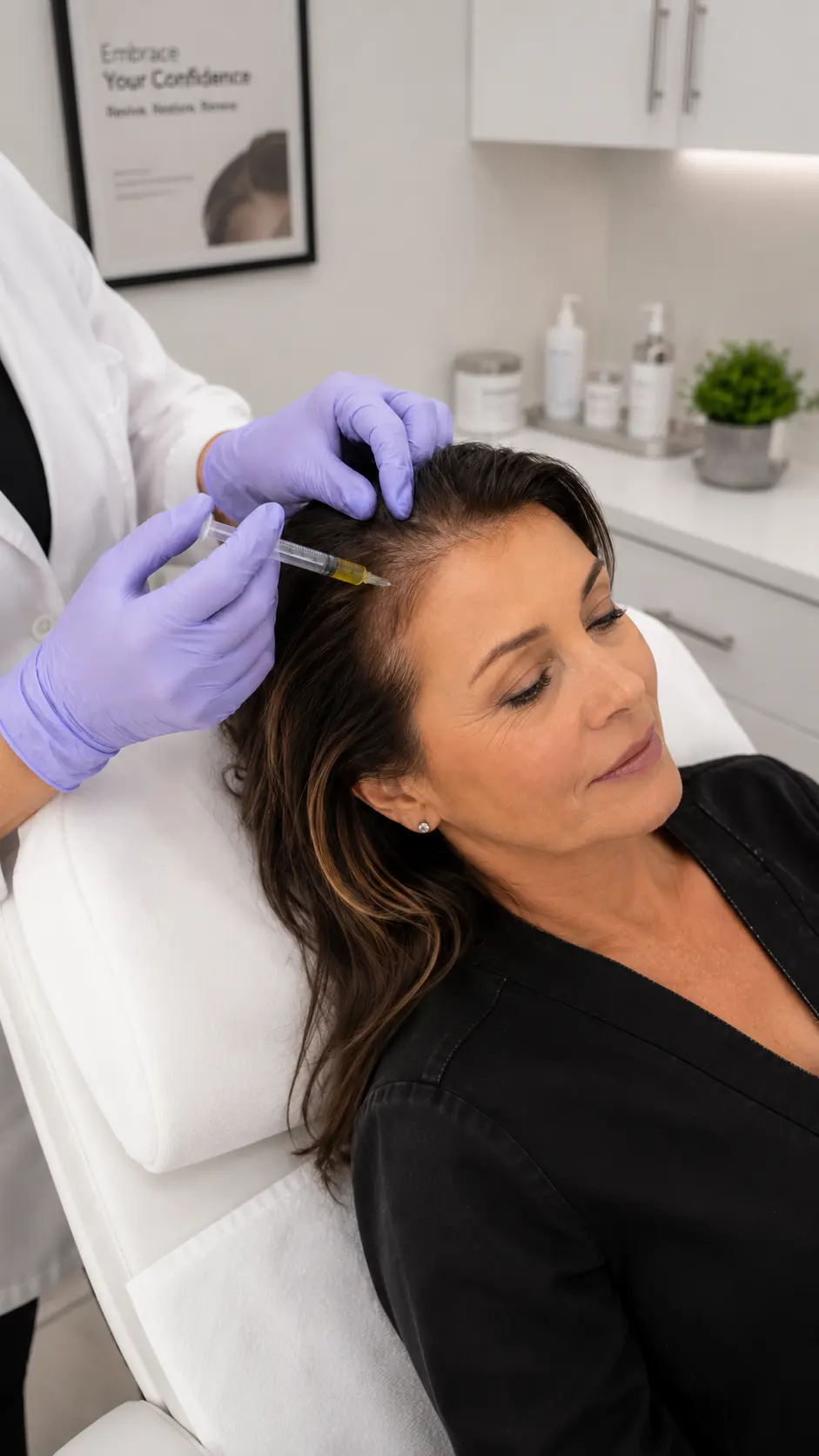 Clinician administering a platelet-rich plasma (PRP) injection into the scalp during a women&rsquo;s hair therapy session