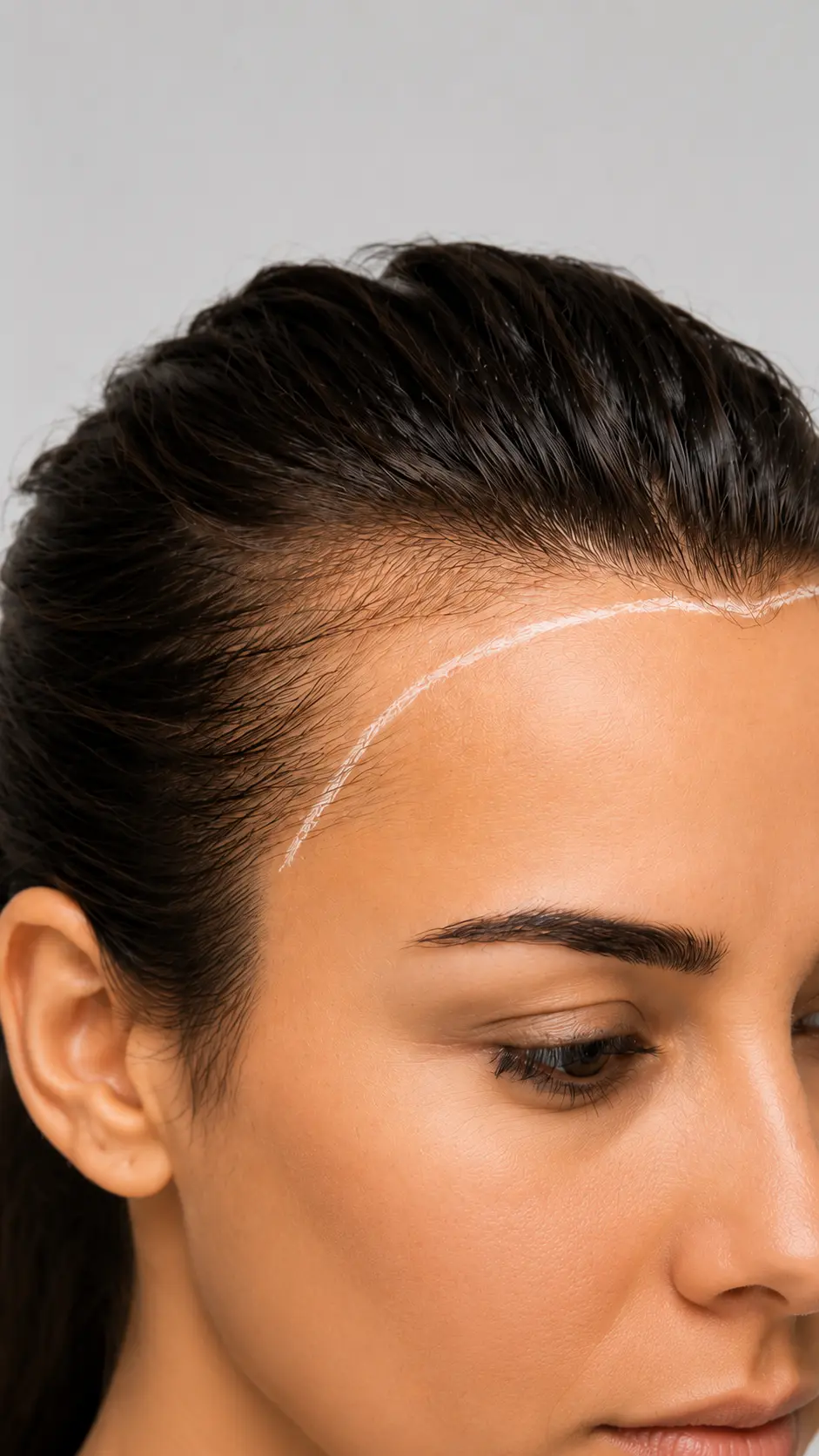 Hairline design mapped out in white surgical pencil across the frontal hairline during planning for a women&rsquo;s hair restoration procedure