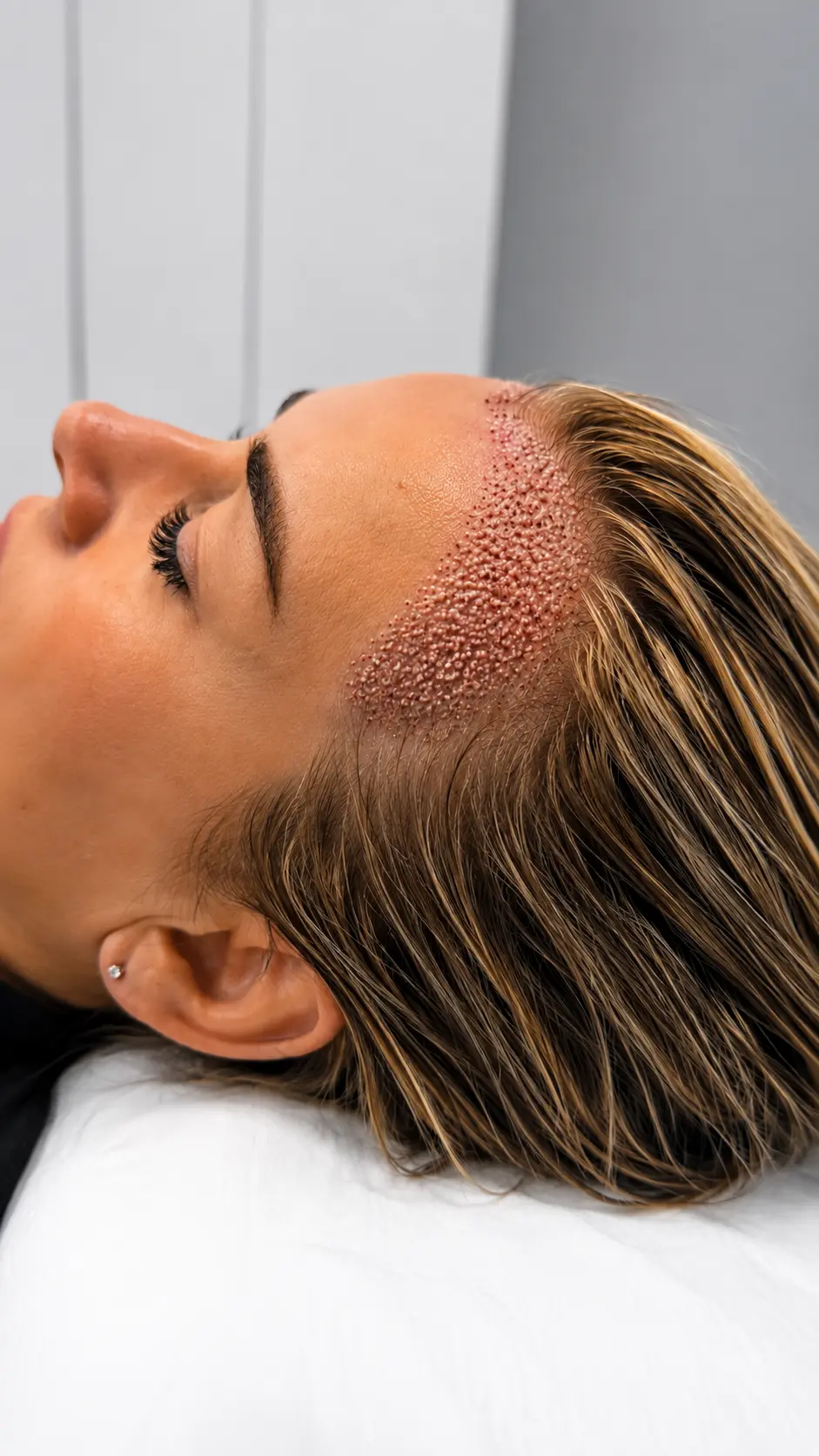 Grafts placed between existing hairs along the frontal hairline immediately after an unshaven long hair FUE procedure